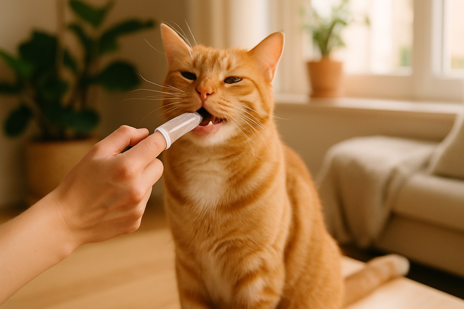 Persona che pulisce i denti a un gatto rilassato con spazzolino specifico