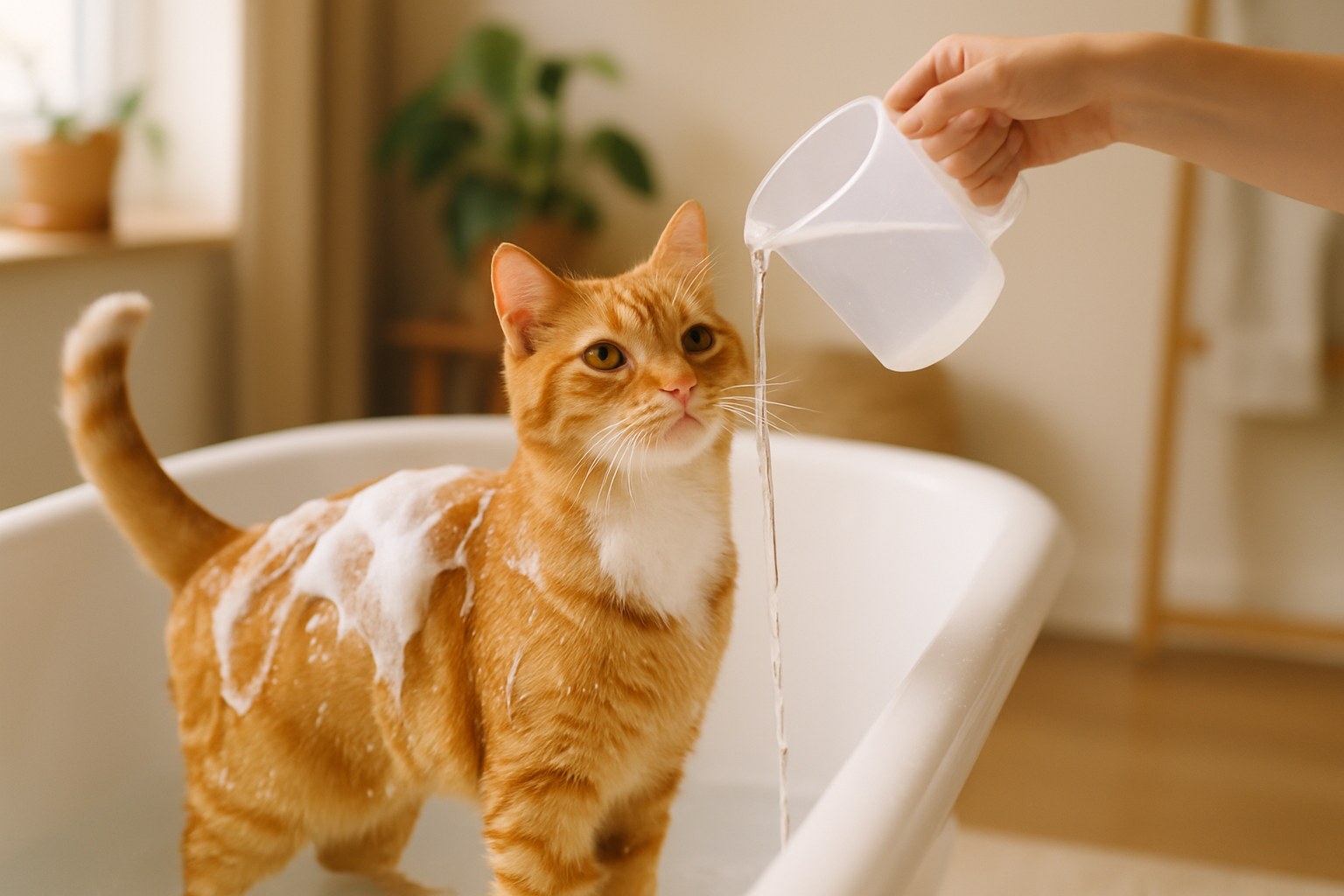 Mani che puliscono delicatamente un gatto con una salvietta umida