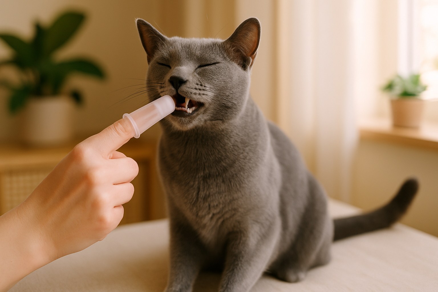 Gatto grigio rilassato durante la pulizia dei denti con dito-spazzolino in silicone