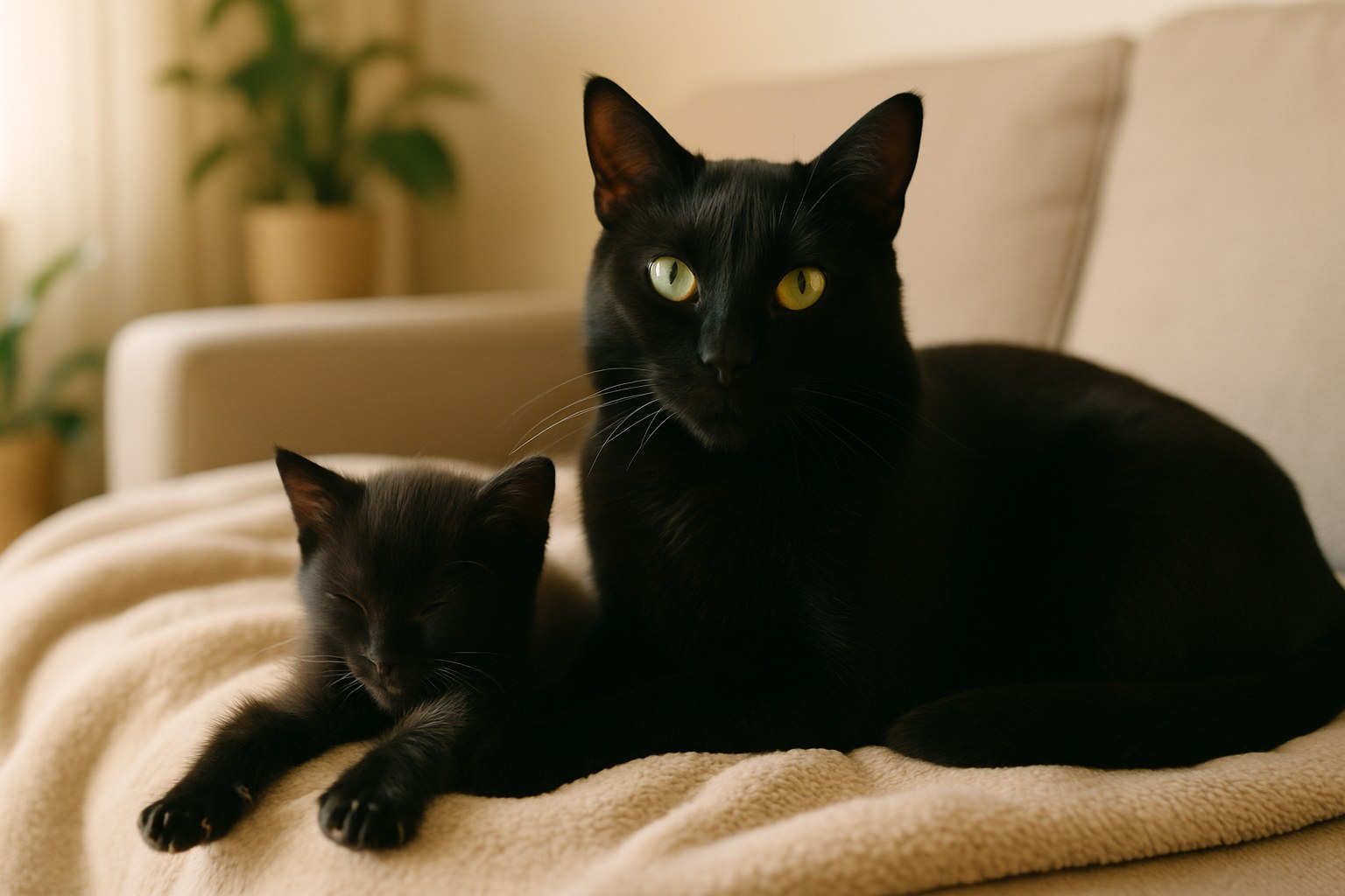 Mamma gatta che alleva i suoi gattini in una cesta morbida