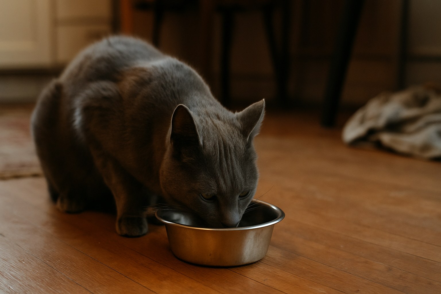 Gatto grigio che beve da una fontanella