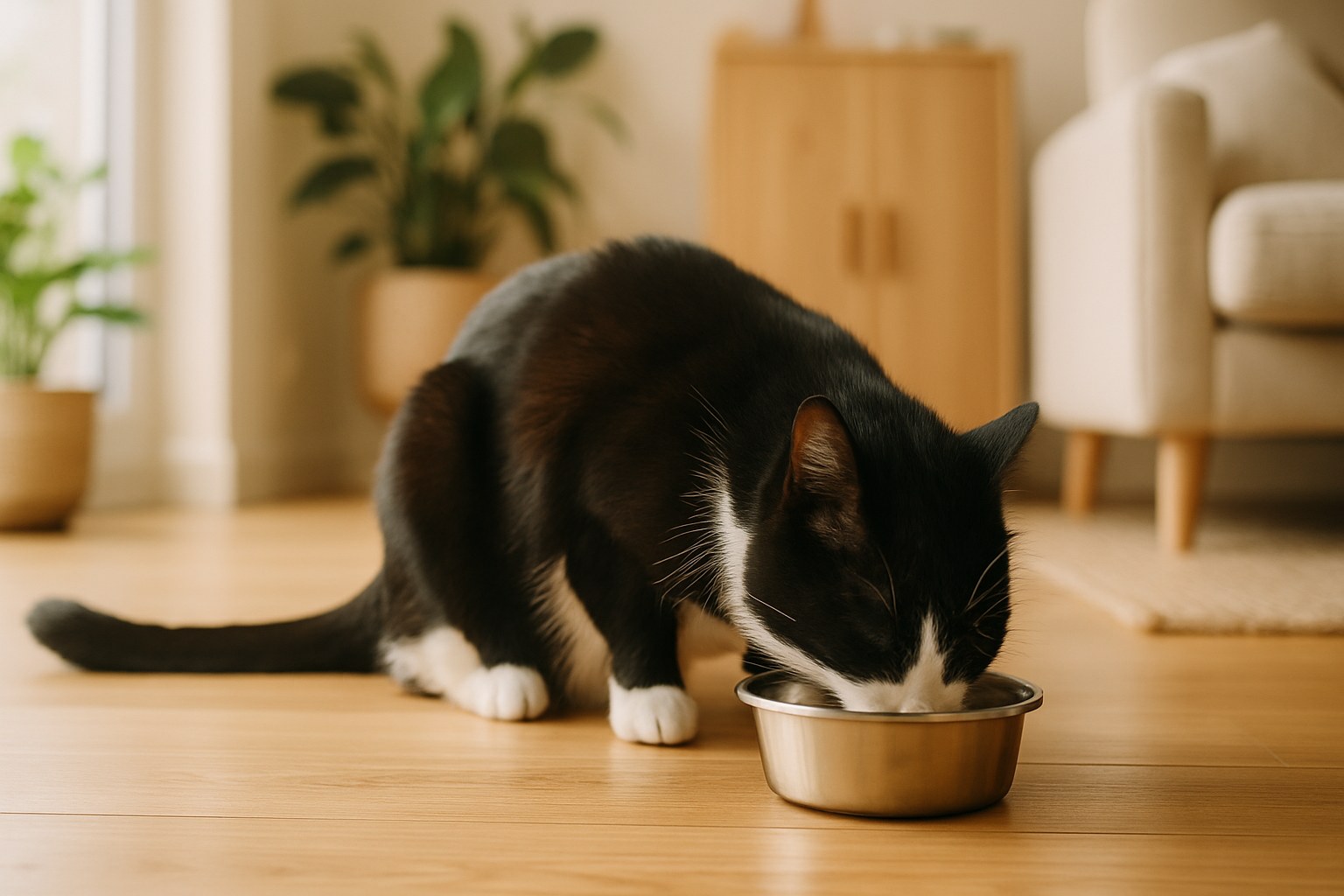 Gattino di tre mesi che mangia da una ciotola di porcellana bianca