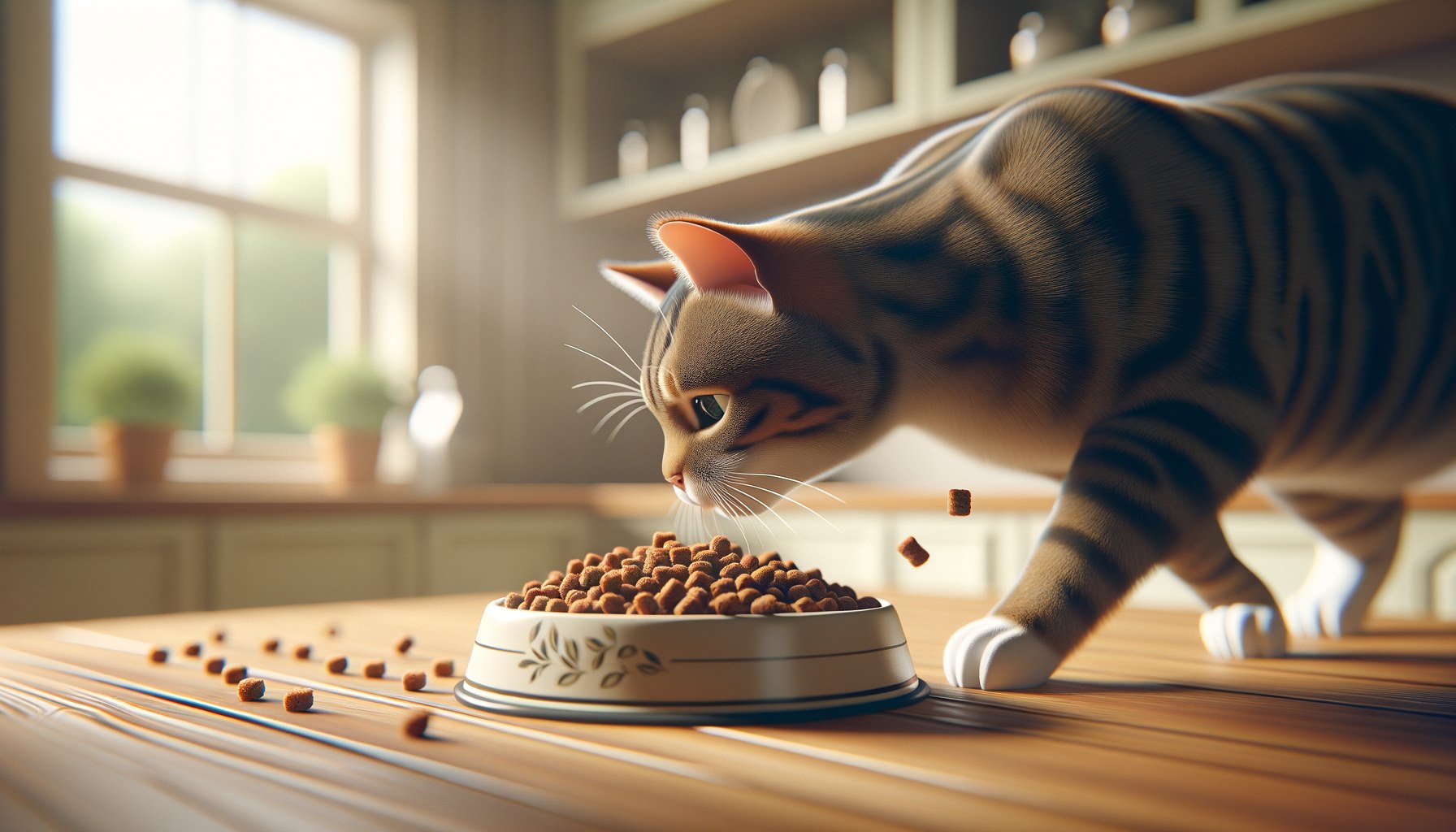 Gatto tigrato che mangia da una ciotola di acciaio inox in cucina