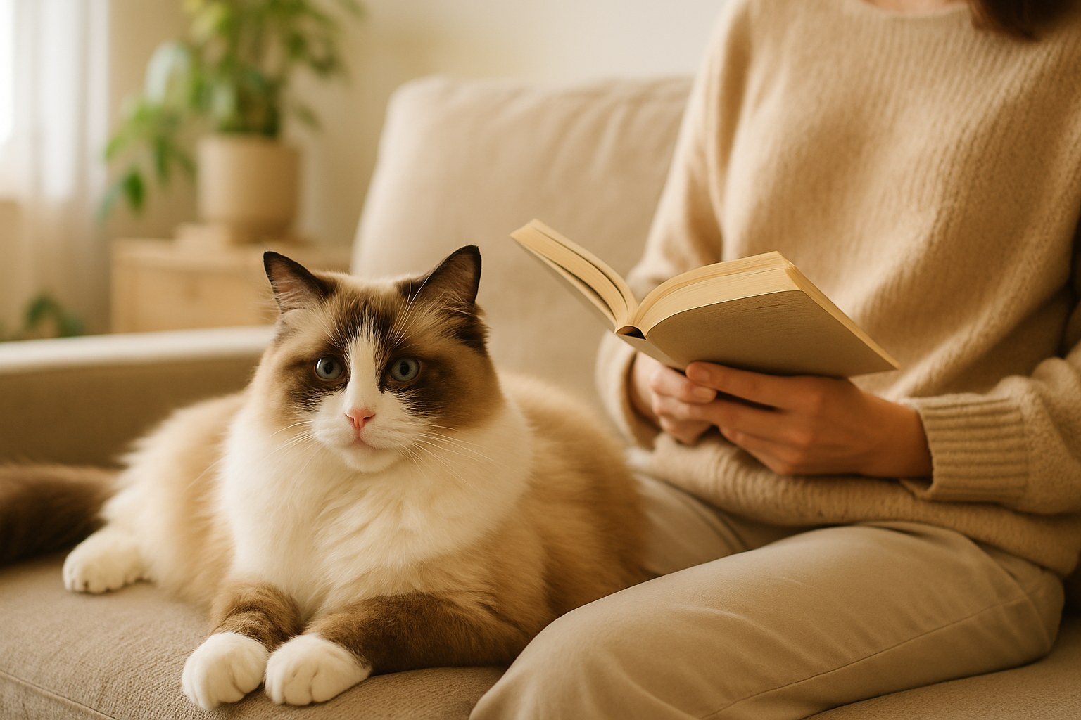 Ragdoll bianco e marrone con occhi azzurri rilassato sul divano
