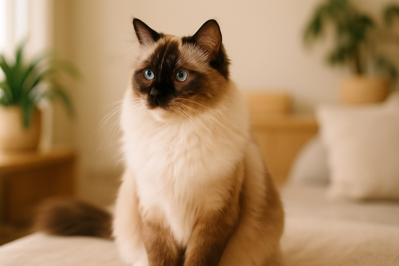 Gatto Ragdoll seal point sdraiato comodo su una coperta morbida color crema
