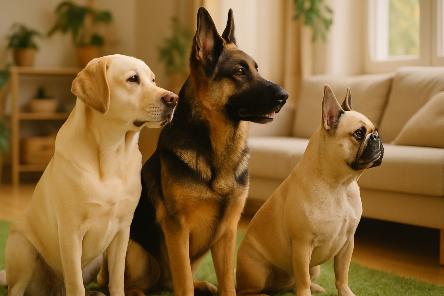 Tre cani di razze diverse — Labrador, Pastore Tedesco e Bulldog Francese — al parco