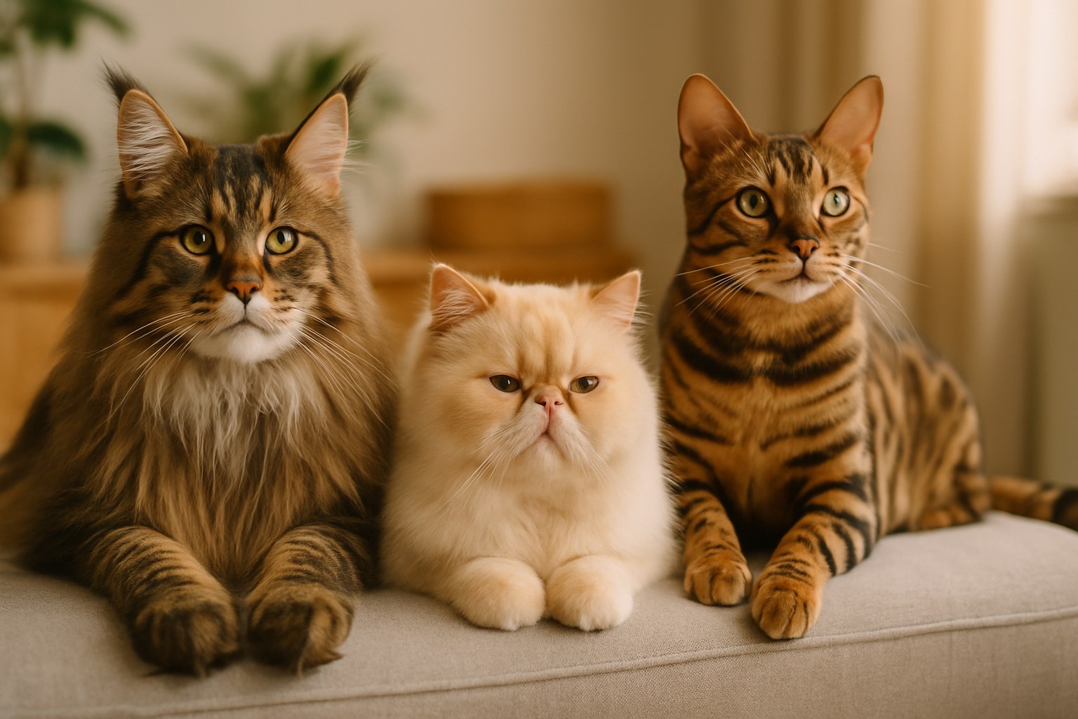 Tre gatti di razze diverse — Maine Coon, Persiano e Bengala — fotografati insieme