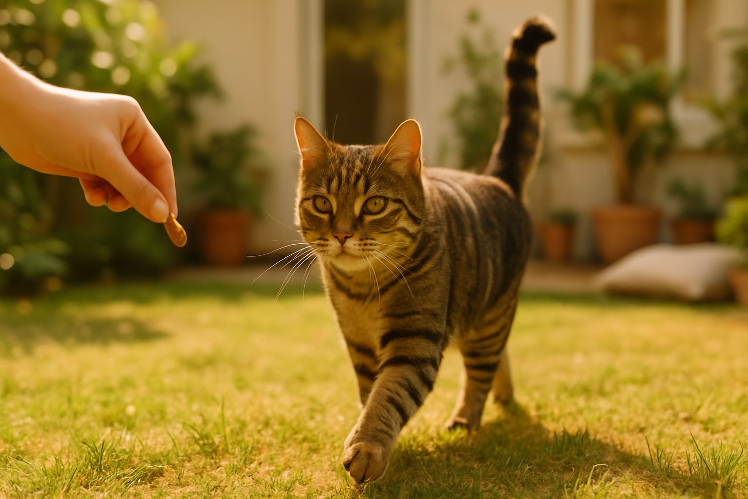 Gatto soriano che risponde al richiamo del proprietario in giardino durante sessione di training