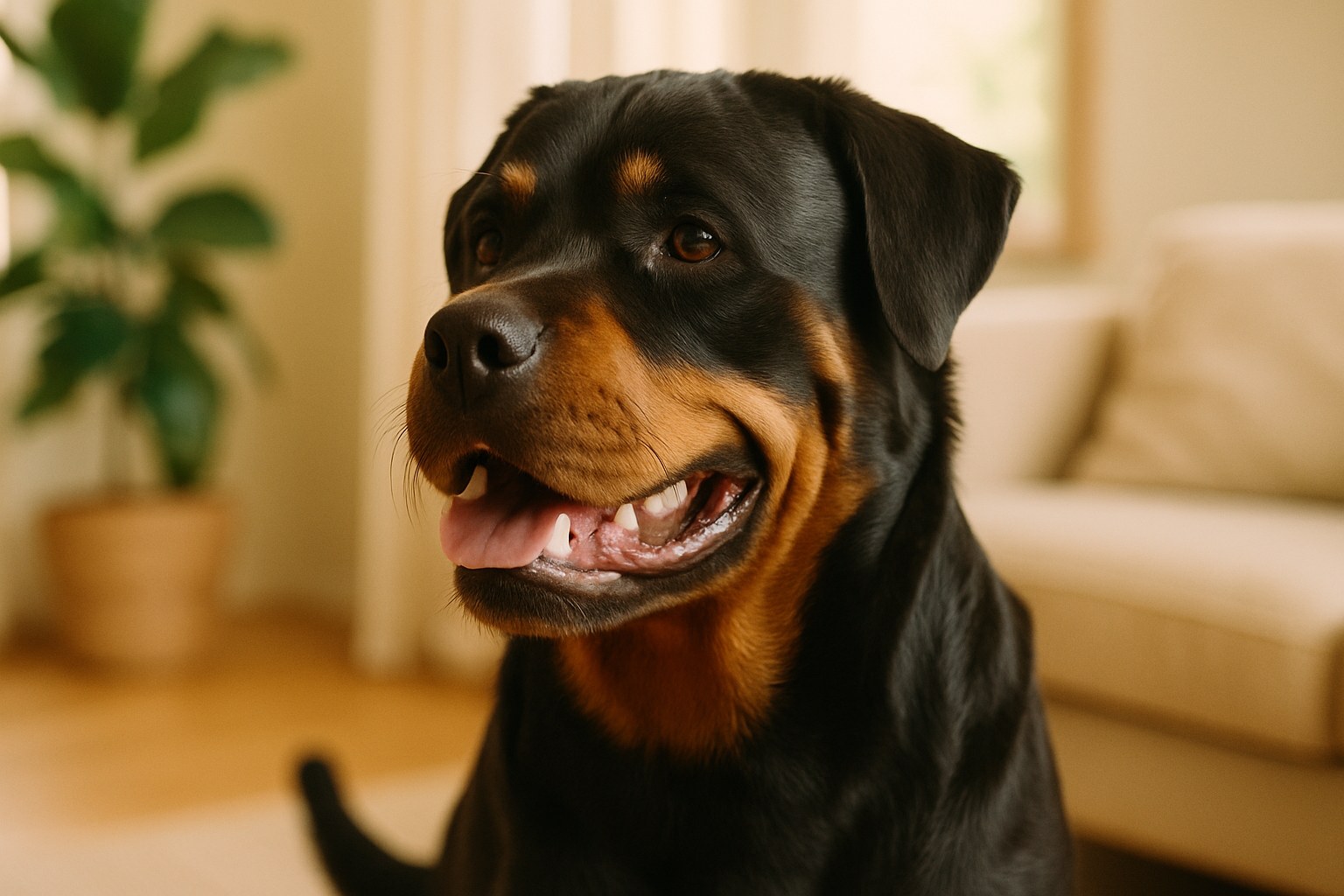 Rottweiler nero focato seduto fiero accanto a un bambino