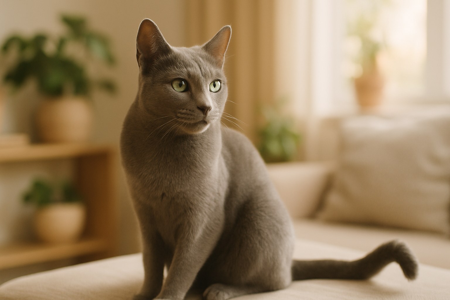 Russian Blue dai grandi occhi verdi seduto regalmente in primo piano