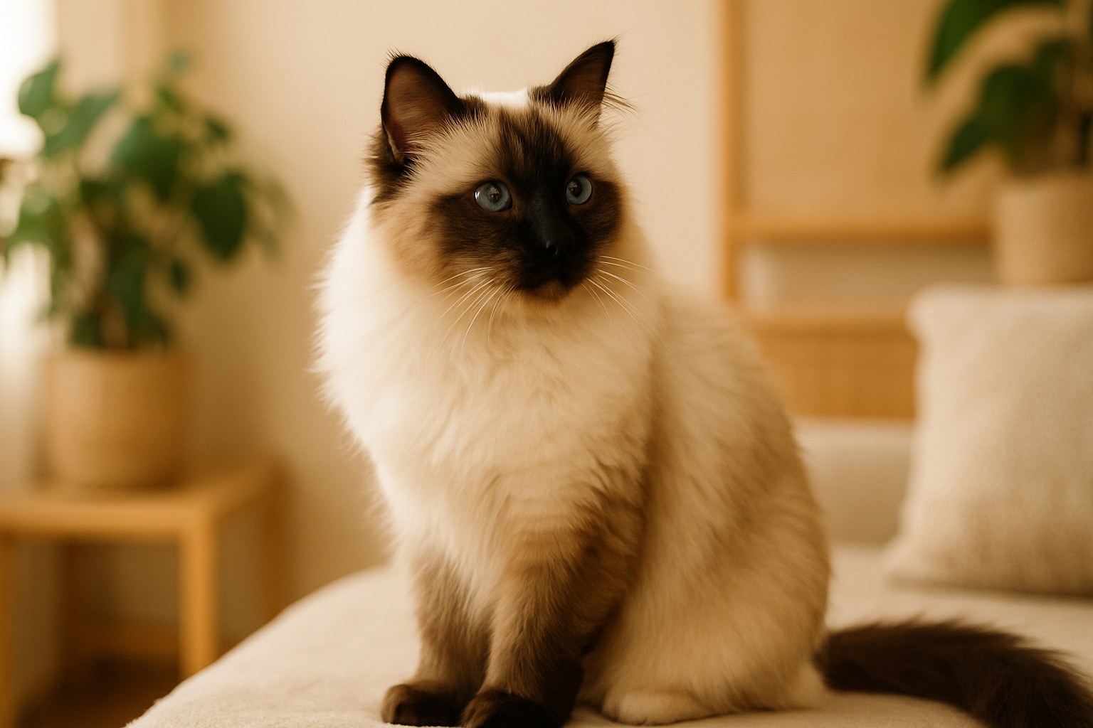 Gatto Sacro di Birmania colorpoint con calzini bianchi seduto regalmente