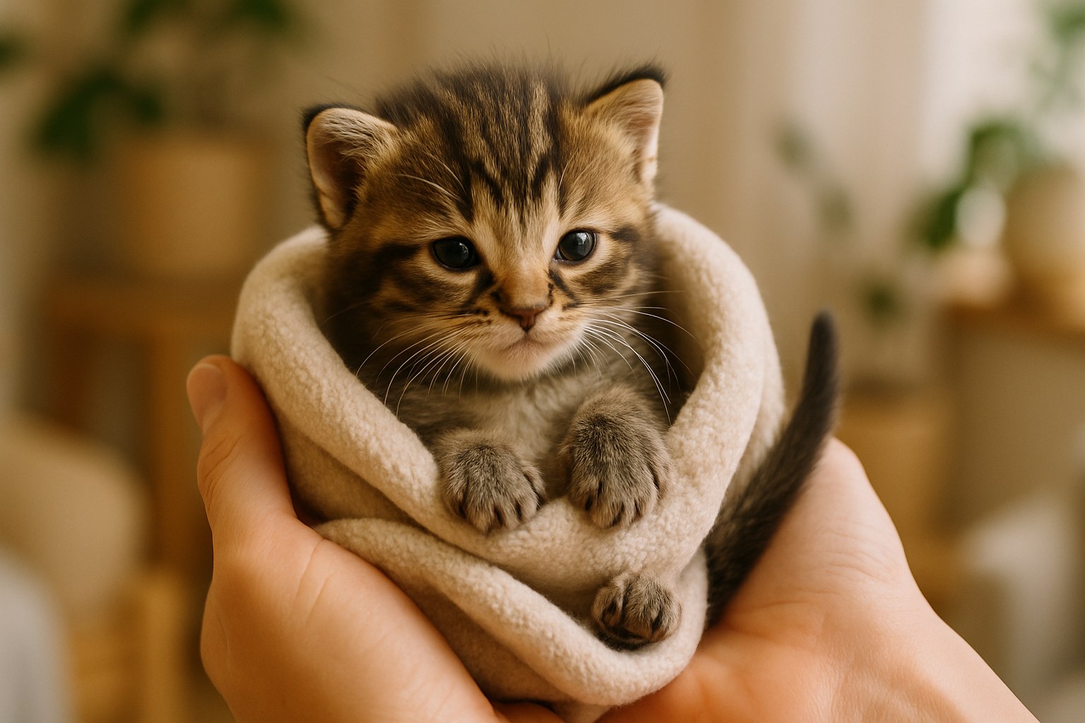 Gattino orfano di poche settimane avvolto in coperta morbida tenuto delicatamente tra mani umane