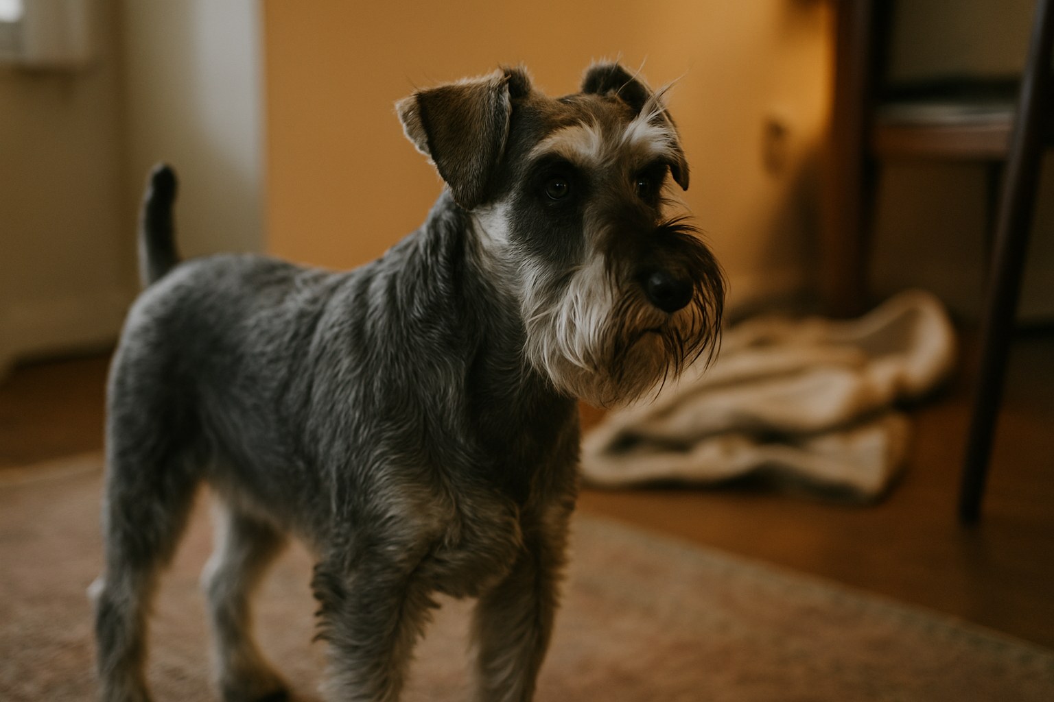 Tre Schnauzer di taglia diversa fianco a fianco con barba caratteristica