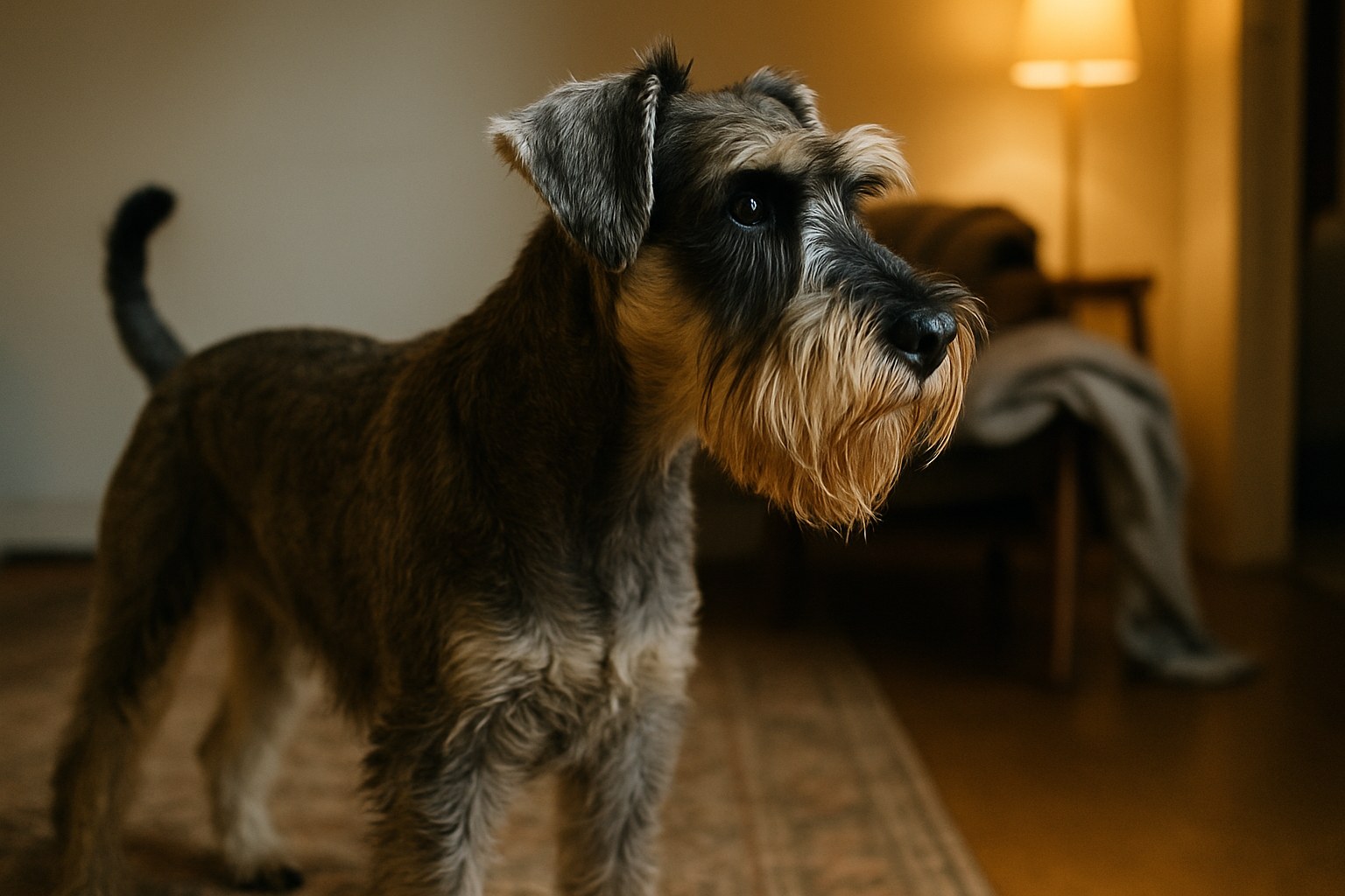 Schnauzer Standard nero con baffi caratteristici in giardino