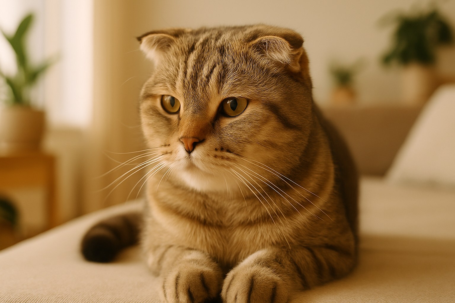 Scottish Fold dalle orecchie piegate con sguardo dolce in primo piano