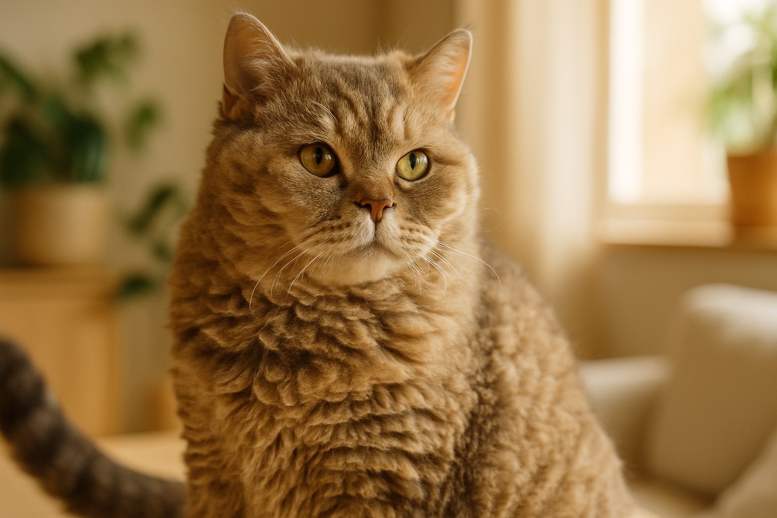 Selkirk Rex con caratteristico pelo riccio bianco e nero seduto su una poltrona