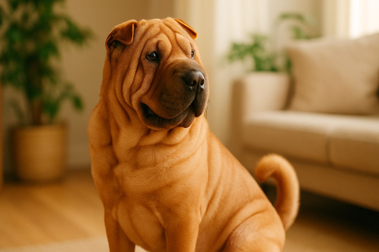 Shar Pei beige con caratteristiche pieghe della pelle ben visibili