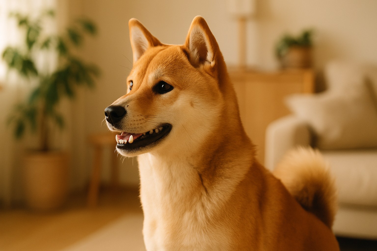 Shiba Inu rosso con orecchie a punta e sguardo fiero in un parco