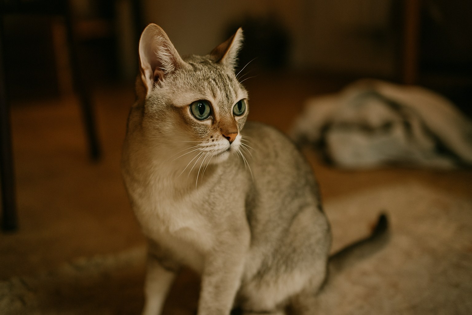 Gatto Singapura color sepia su un divano con occhi grandi