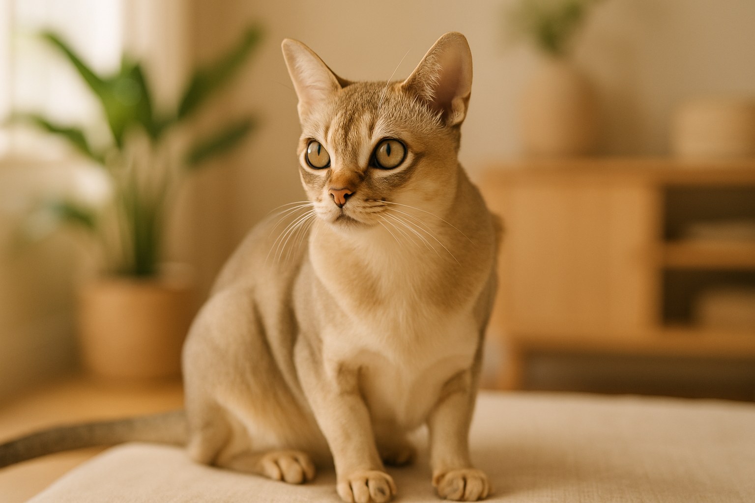 Piccolo gatto Singapura tabby color avorio in posizione elegante