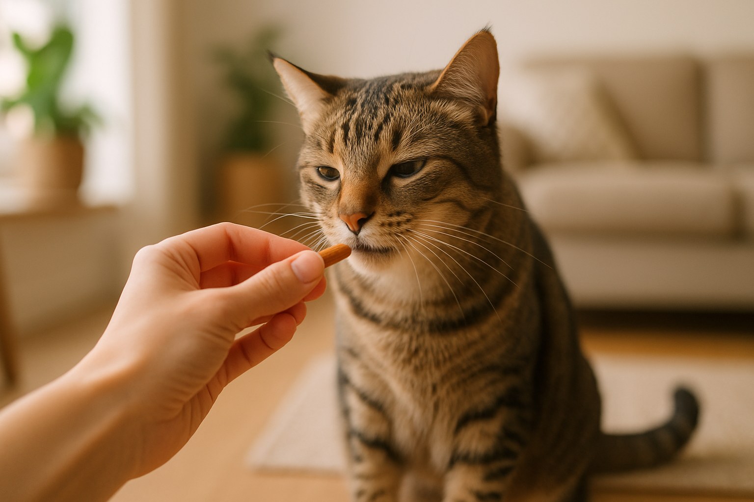 Gatto domestico che riceve uno snack naturale dalla mano del proprietario in ambiente casalingo luminoso