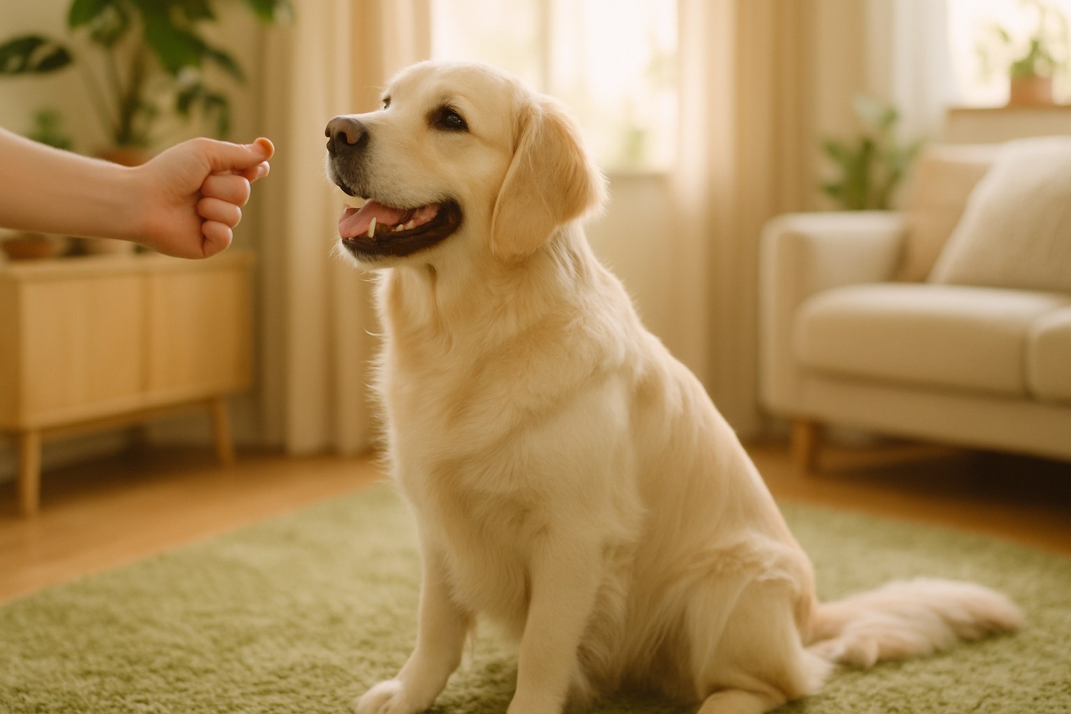 Cane sdraiato calmo accanto al padrone in un bar all'aperto in città