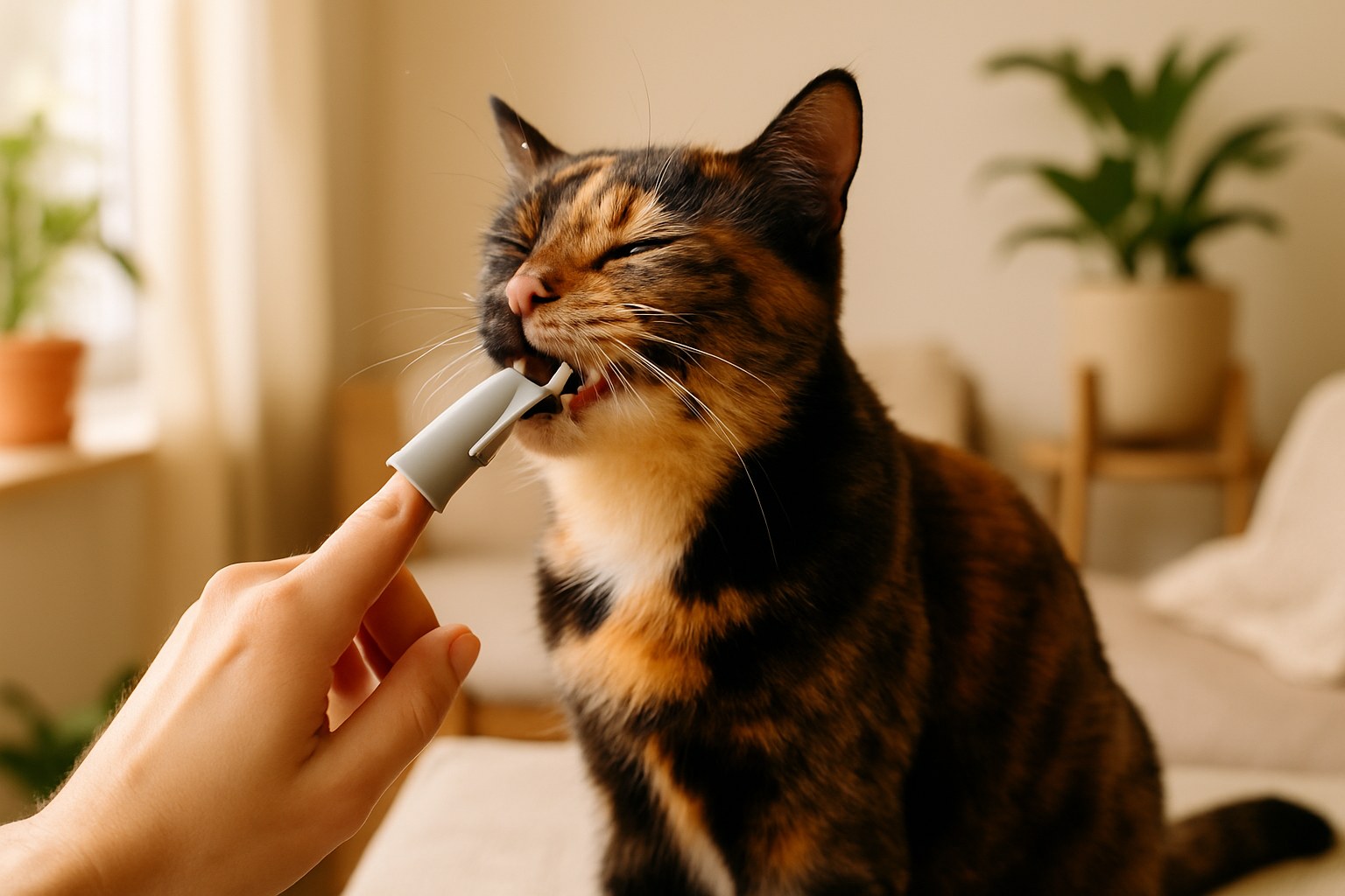 Persona che spazzola delicatamente i denti a un gatto con spazzolino specifico