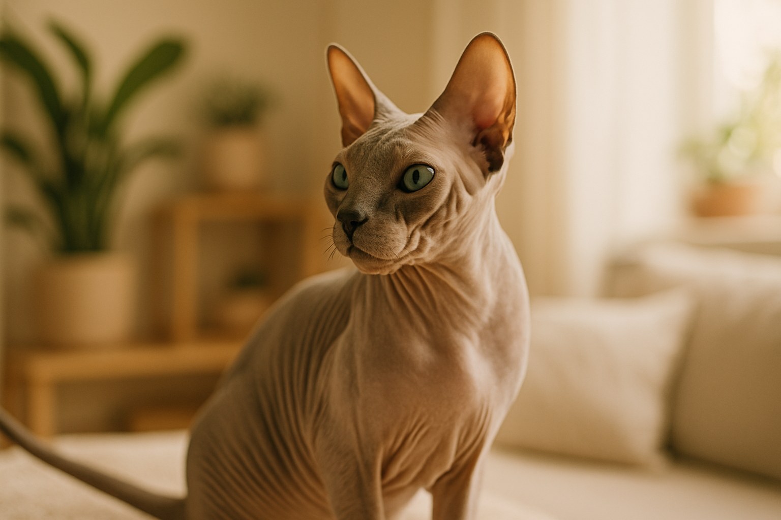 Gatto Sphynx senza pelo in posa elegante su tessuto morbido