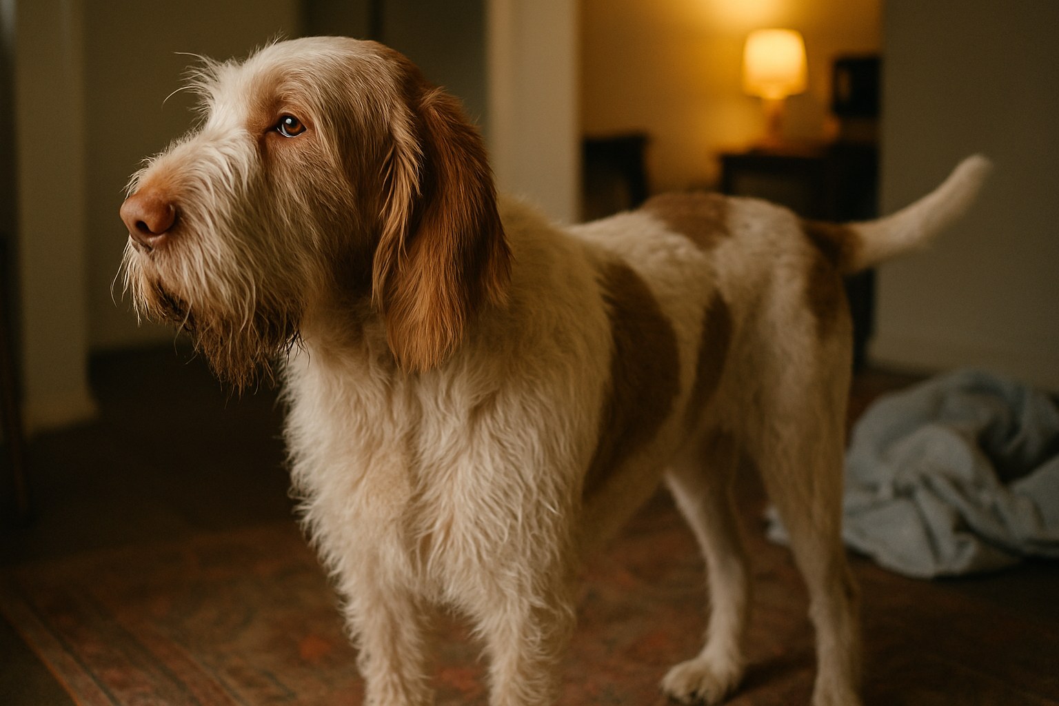 Spinone Italiano roano marrone con barba folta in campagna