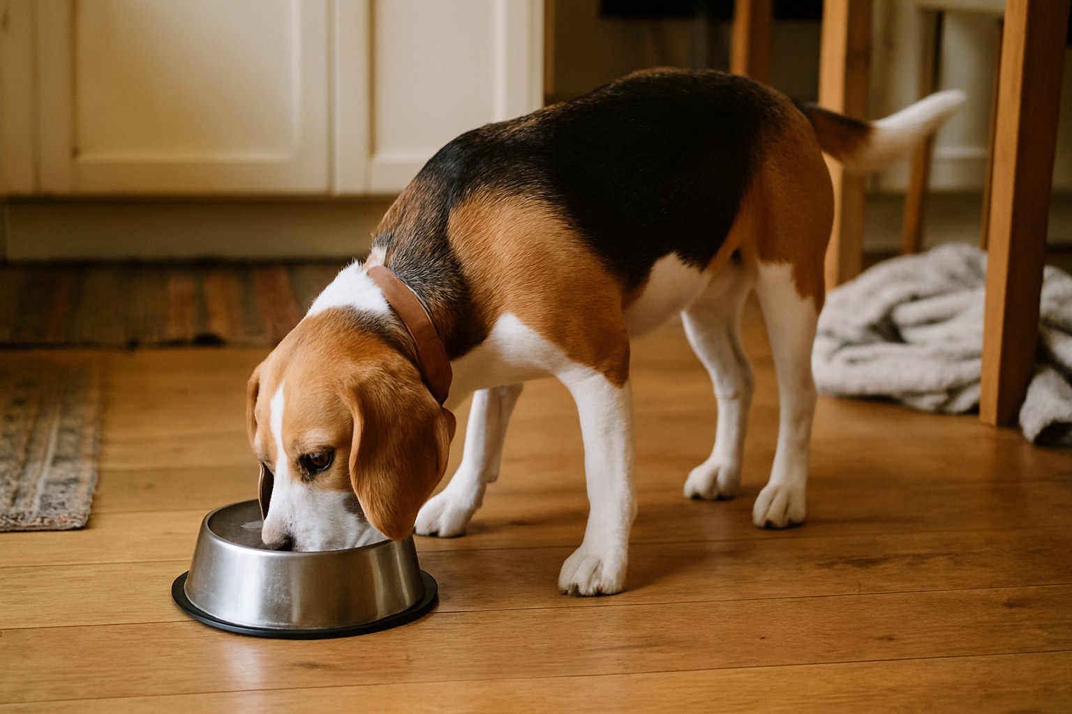 Polvere verde di spirulina su cucchiaio di legno accanto a cane