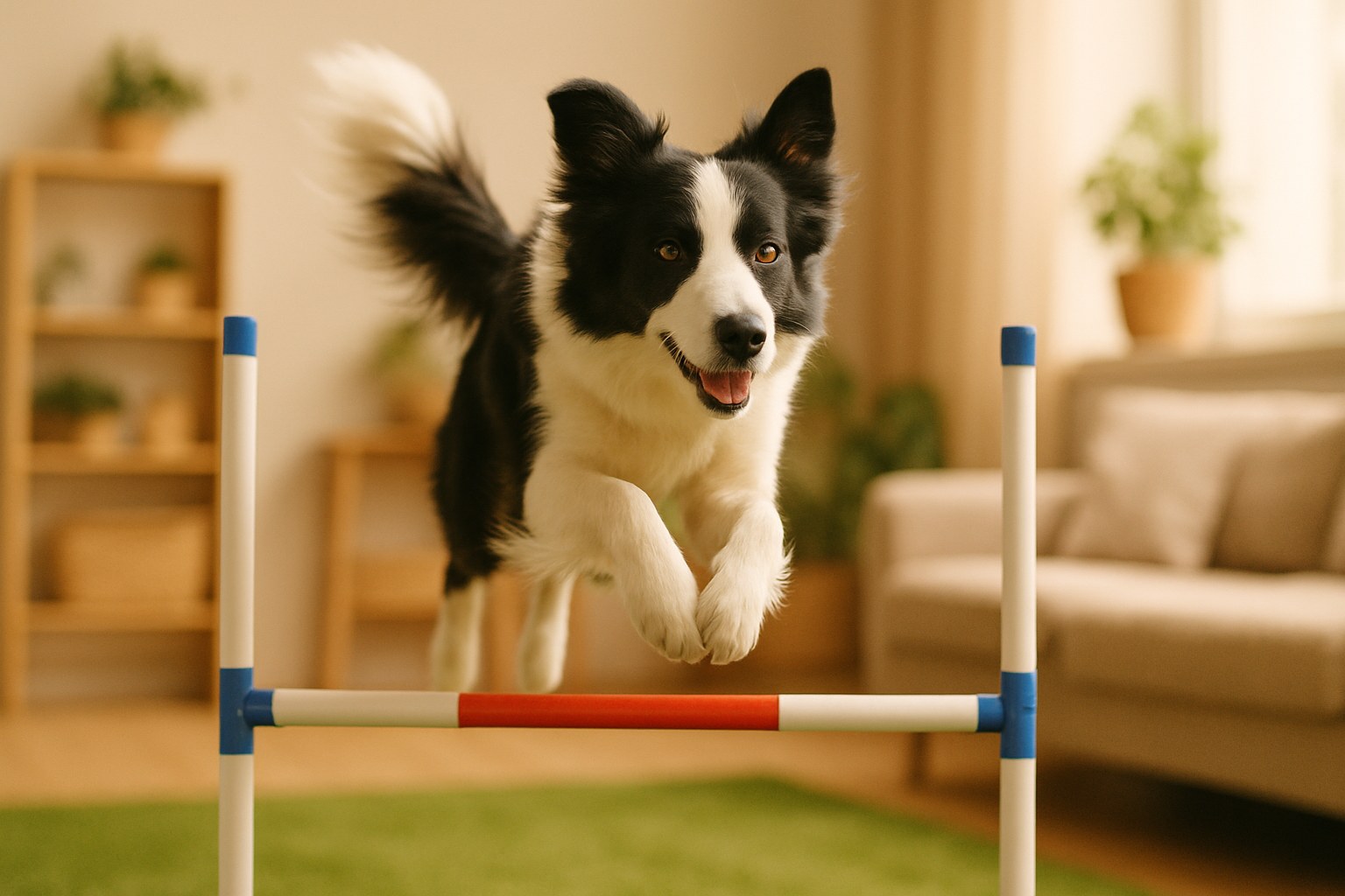Cane Border Collie che salta un ostacolo durante una competizione di agility su campo erboso