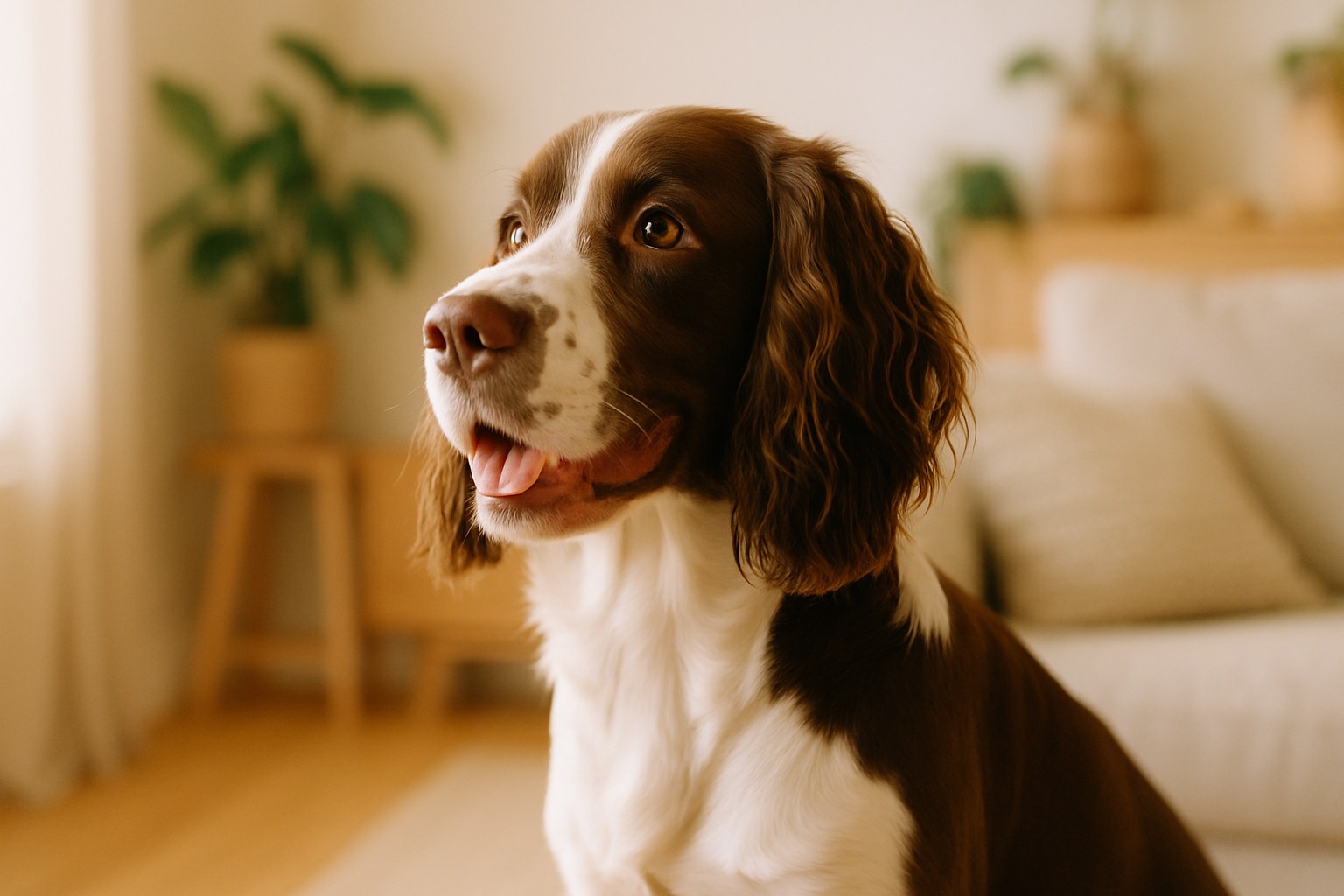 Springer Spaniel marrone e bianco in corsa attraverso un prato
