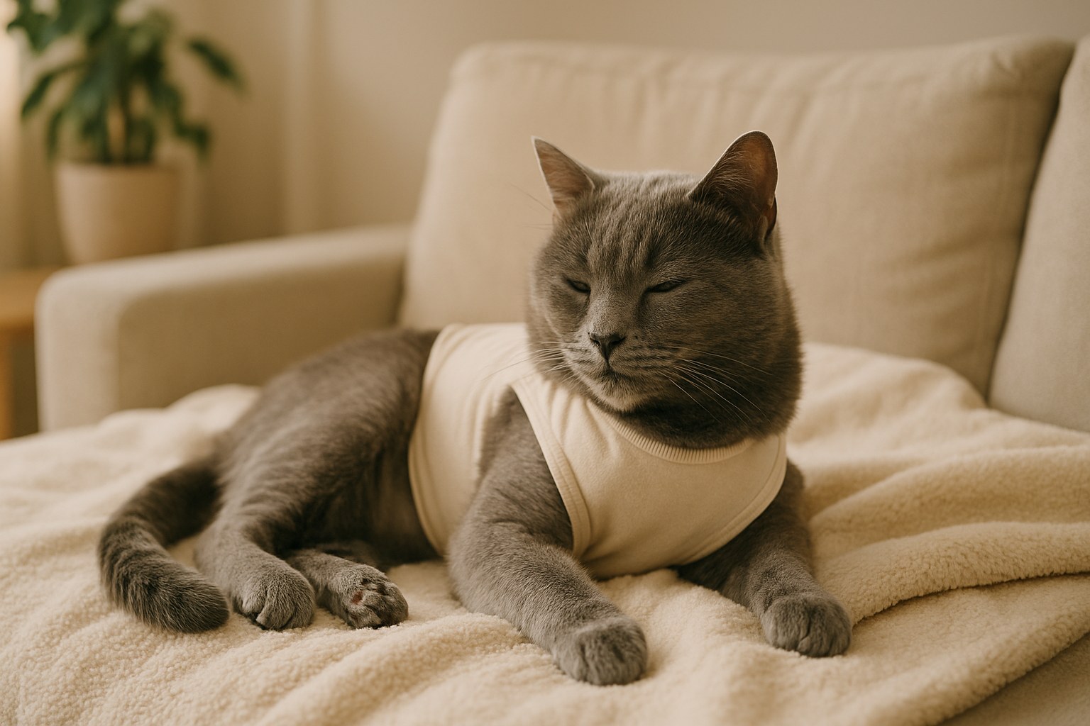 Gatto europeo dal pelo grigio che riposa su una coperta dopo l'intervento