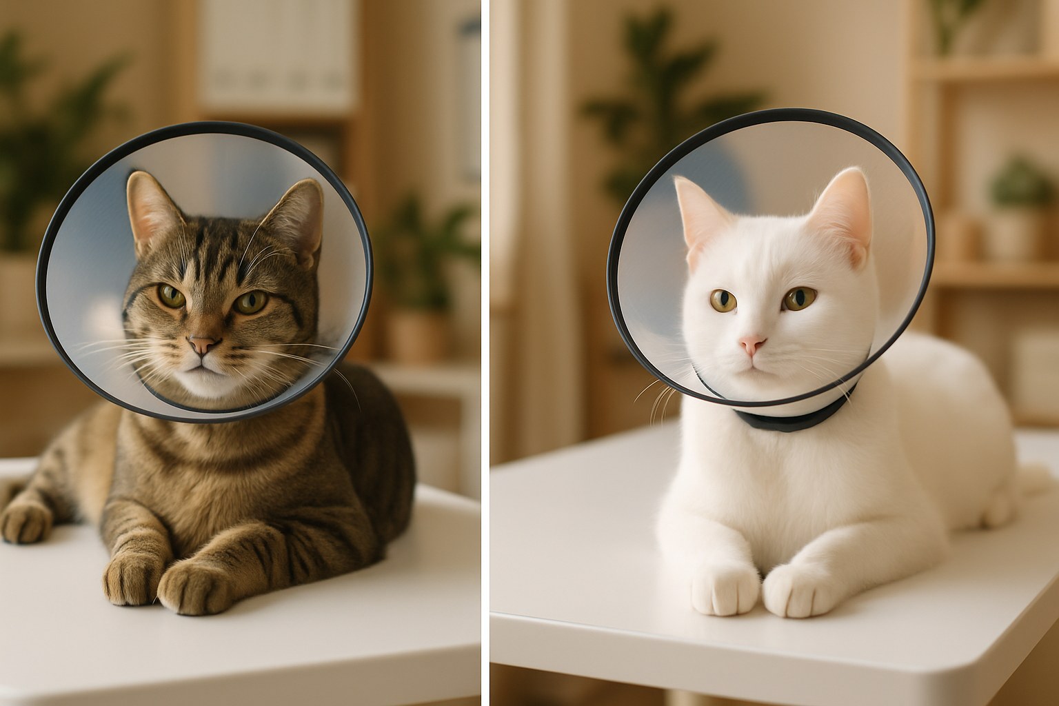 Gatto tigrato e gatta bianca dopo intervento di sterilizzazione con collare elisabettiano in ambiente veterinario