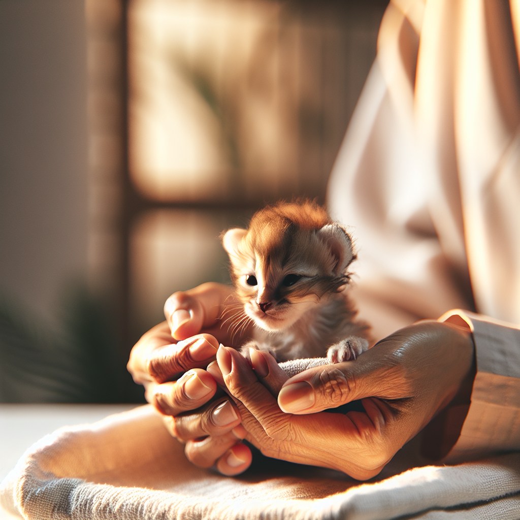 Gattino orfano neonato di poche settimane stimolato delicatamente con panno morbido tiepido nella zona perineale da mani umane protettive