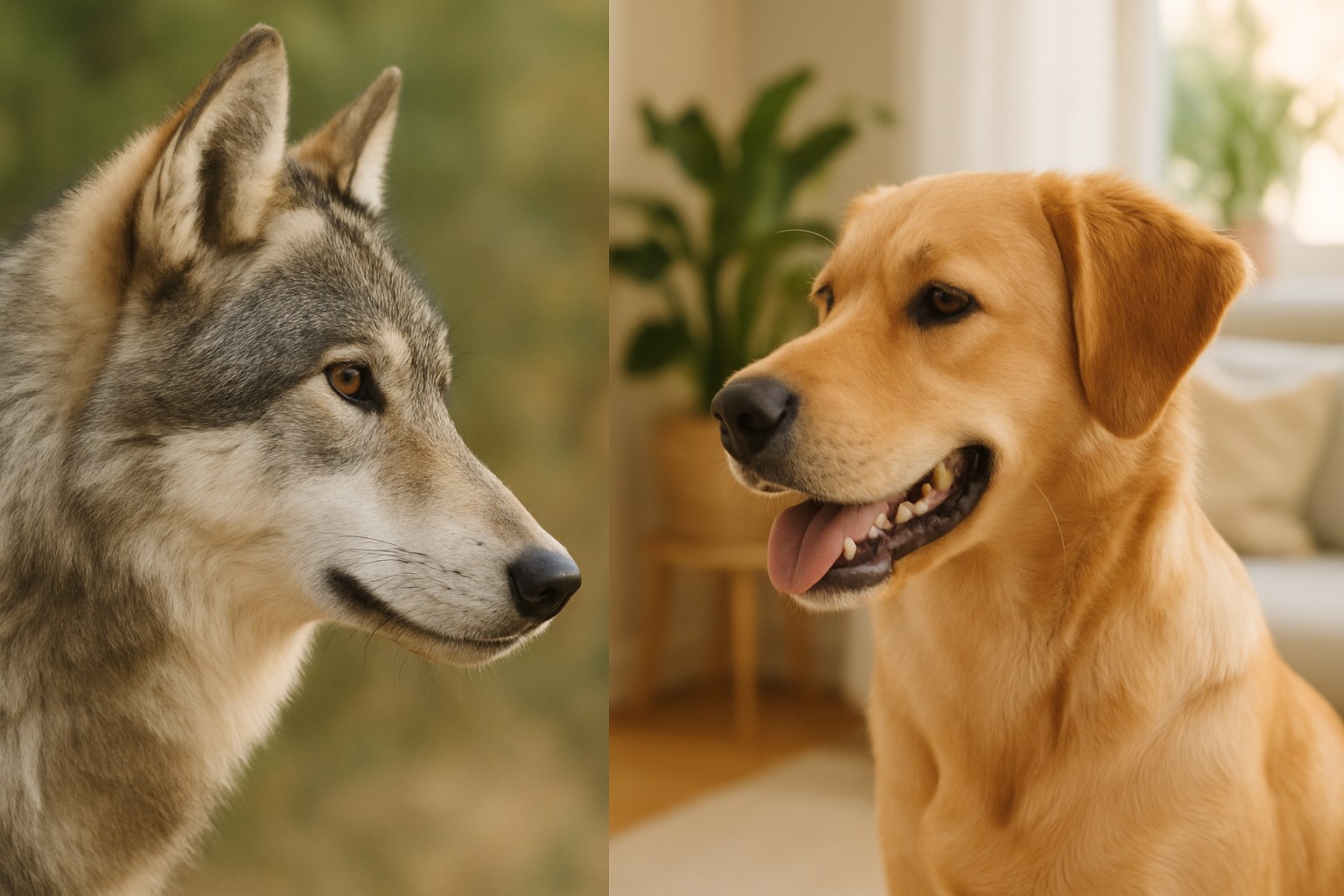 Confronto visivo tra lupo grigio e cane domestico che mostra l'evoluzione morfologica attraverso la domesticazione