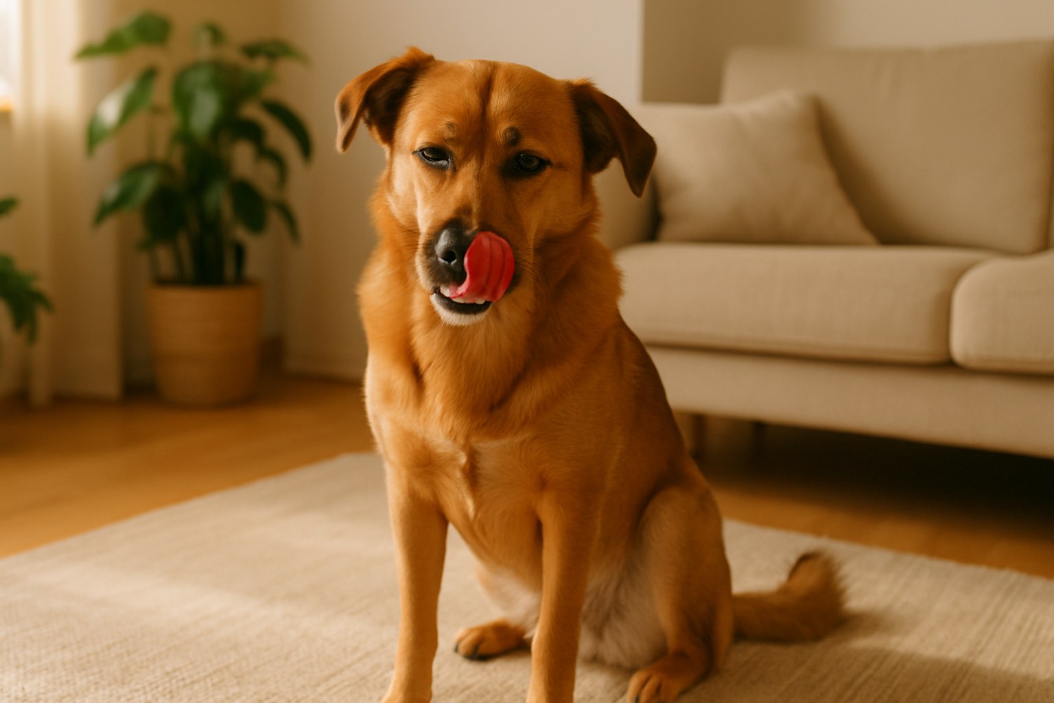 Cane stressato che si lecca il muso in un ambiente domestico