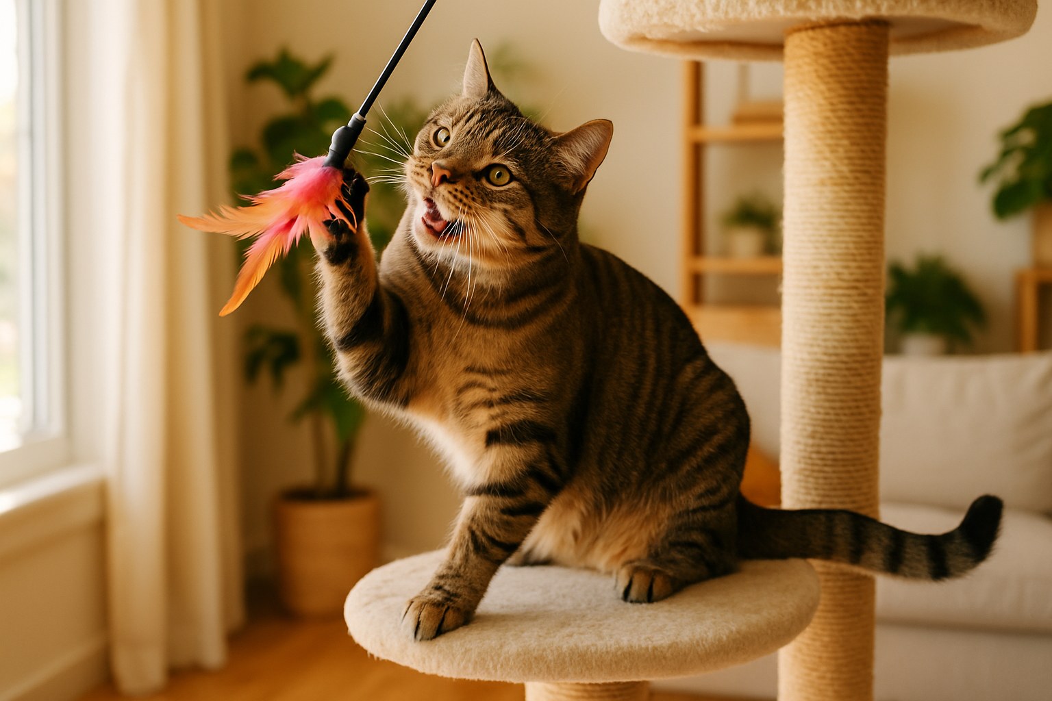 Gatto tigrato che gioca attivamente con canna da pesca con piume su albero tiragraffi multi-livello vicino a finestra luminosa