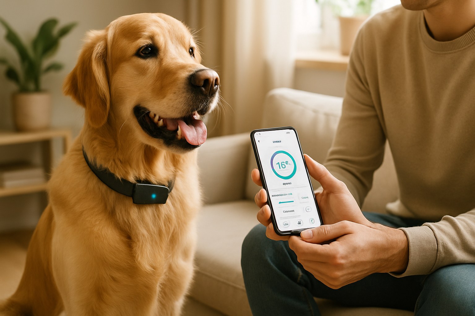 Cane che indossa smart collar tecnologico con proprietario che controlla dati salute su smartphone
