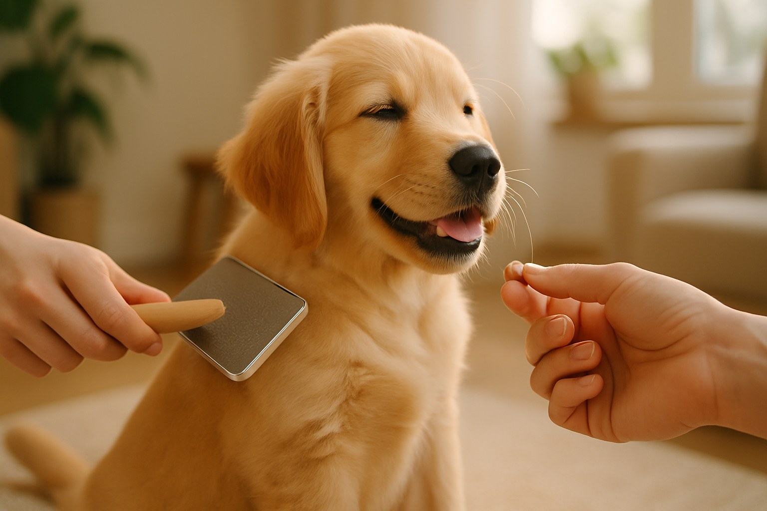 Cucciolo di cane durante sessione di toelettatura con spazzola morbida e proprietario che premia con snack