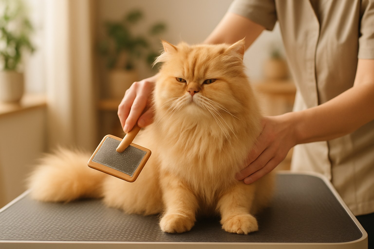 Gatto a pelo lungo durante sessione di toelettatura professionale con spazzola slicker su tavolo da grooming