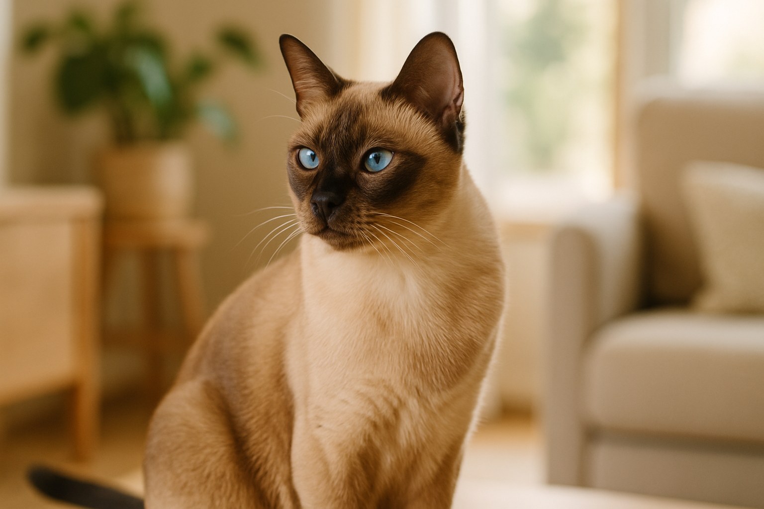 Gatto Tonkinese con mantello dorato e occhi azzurro turchese