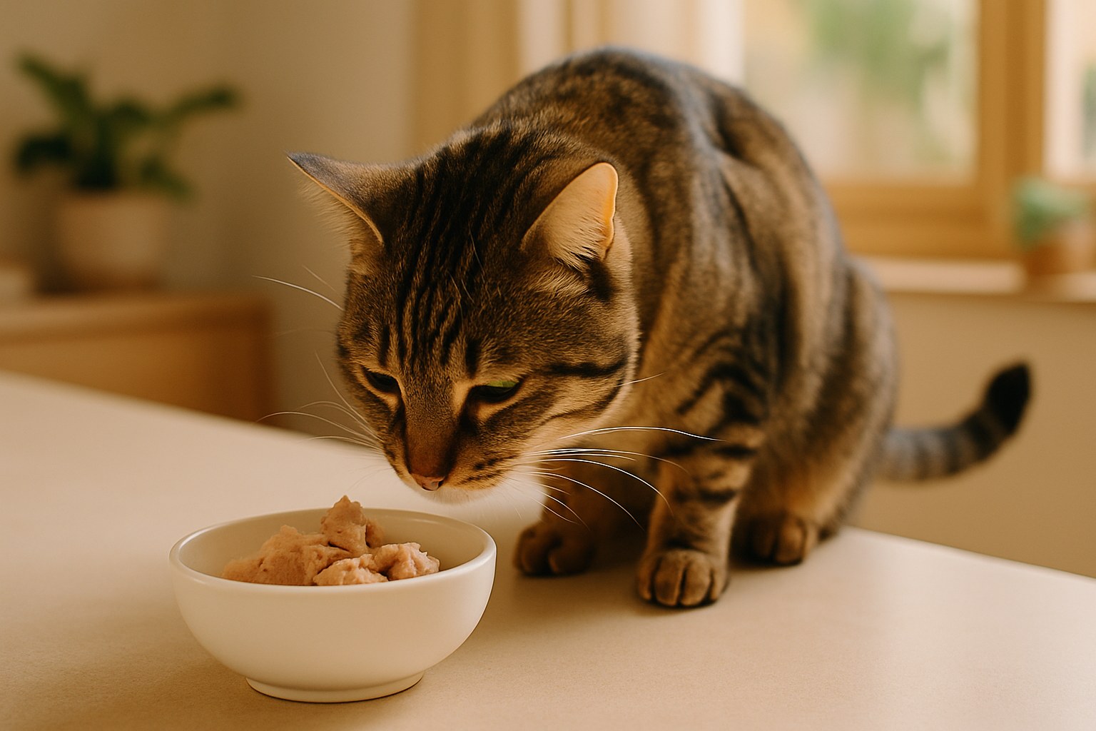 Gatto soriano che annusa una ciotola con tonno al naturale sgocciolato su tavolo di cucina