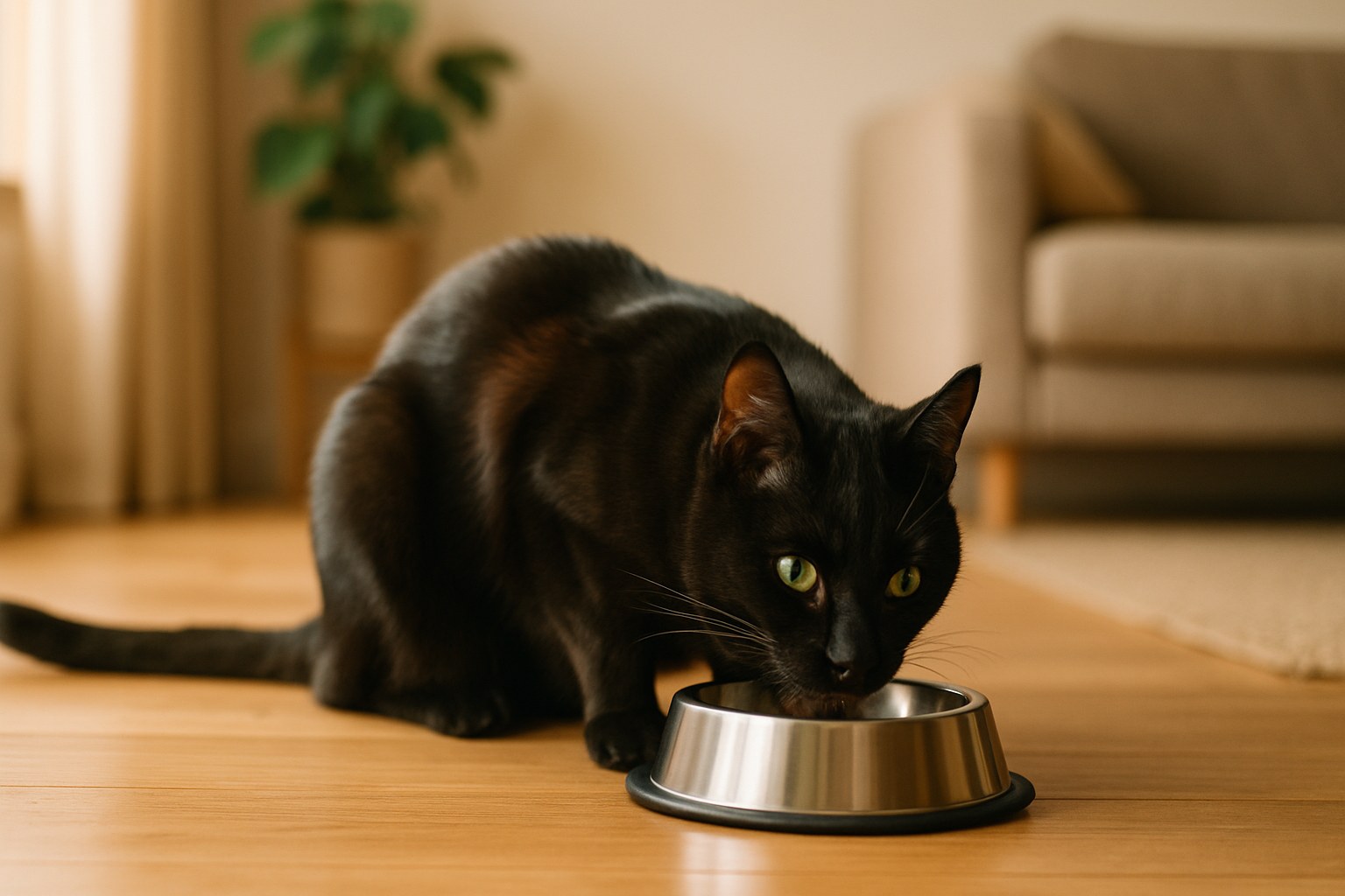 Gatto entusiasta vicino a una lattina di tonno aperta sul tavolo