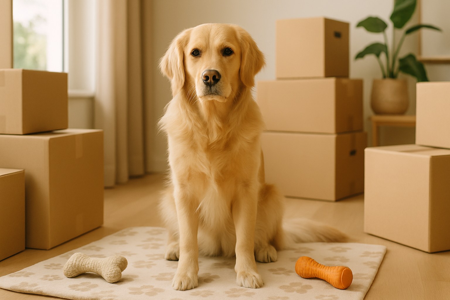 Cane seduto tranquillo circondato da scatole di trasloco in una casa nuova con oggetti familiari