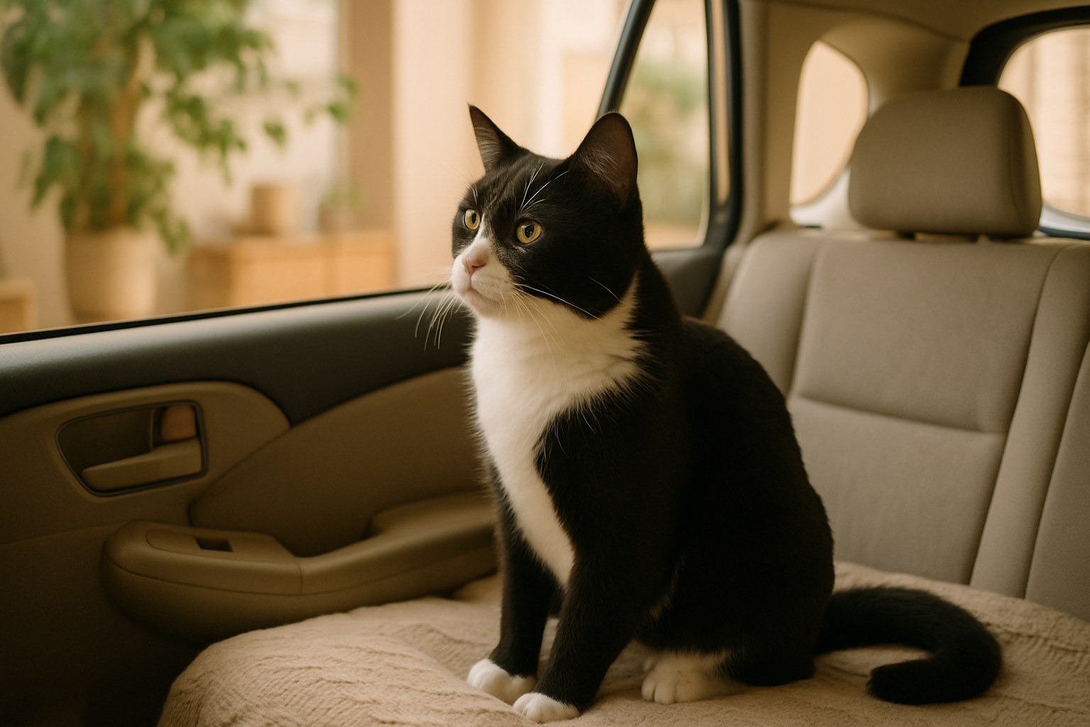 Trasportino rigido per gatto fissato con cintura sul sedile posteriore di un'auto