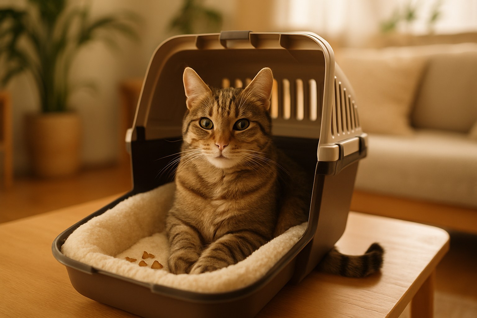 Gatto rilassato all'interno di un trasportino top-loading aperto con cuscino morbido e premietti