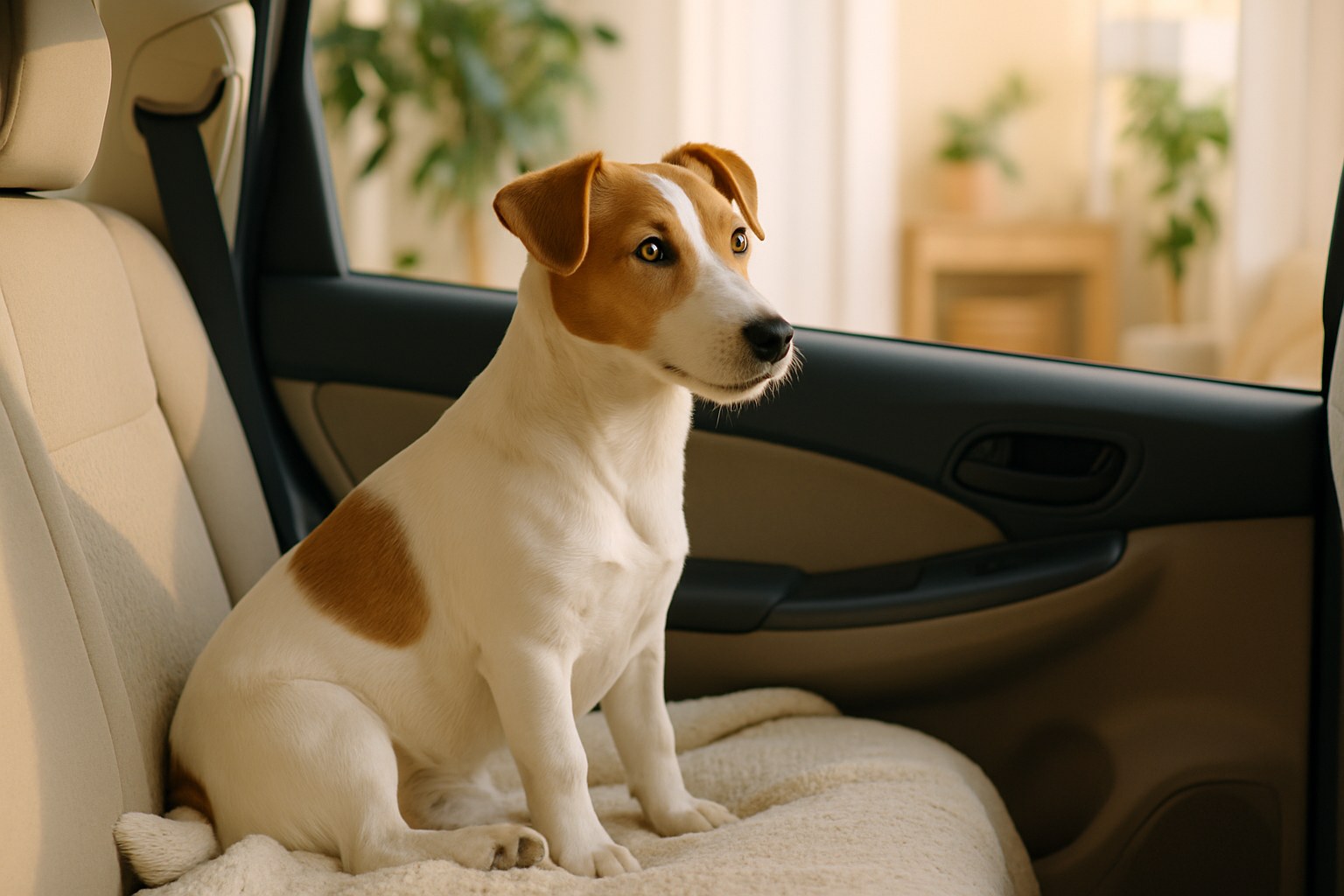 Cane medio in trasportino fissato nel bagagliaio di un'auto familiare