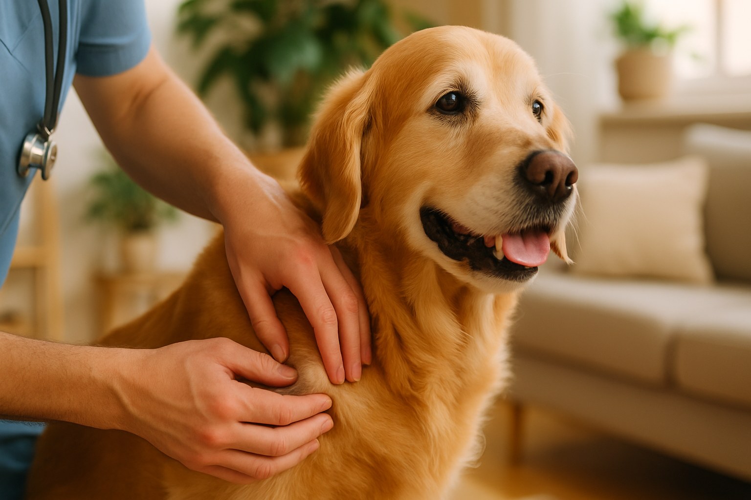 Veterinario che esamina delicatamente un nodulo cutaneo su un cane anziano Golden Retriever durante una visita oncologica di controllo