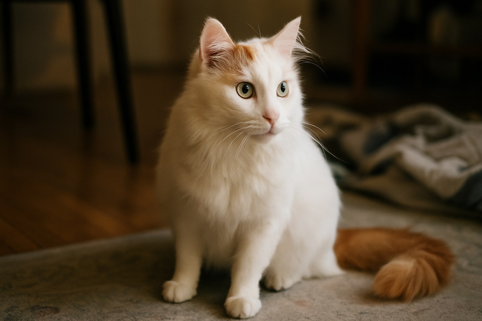 Turkish Van con mantello bianco e segni rossi sulla testa e coda
